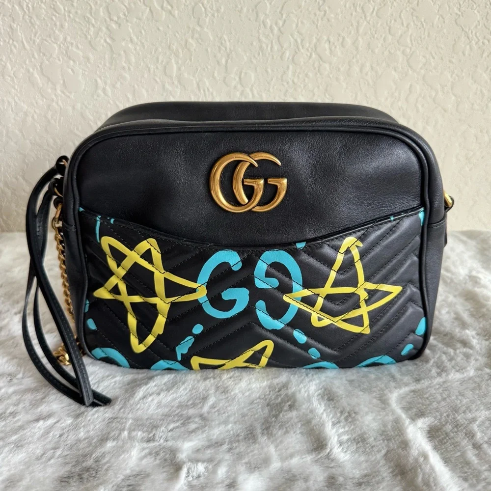 GUCCI GHOST Black Marmont Shoulder Bag - Graffiti Collection. P0239